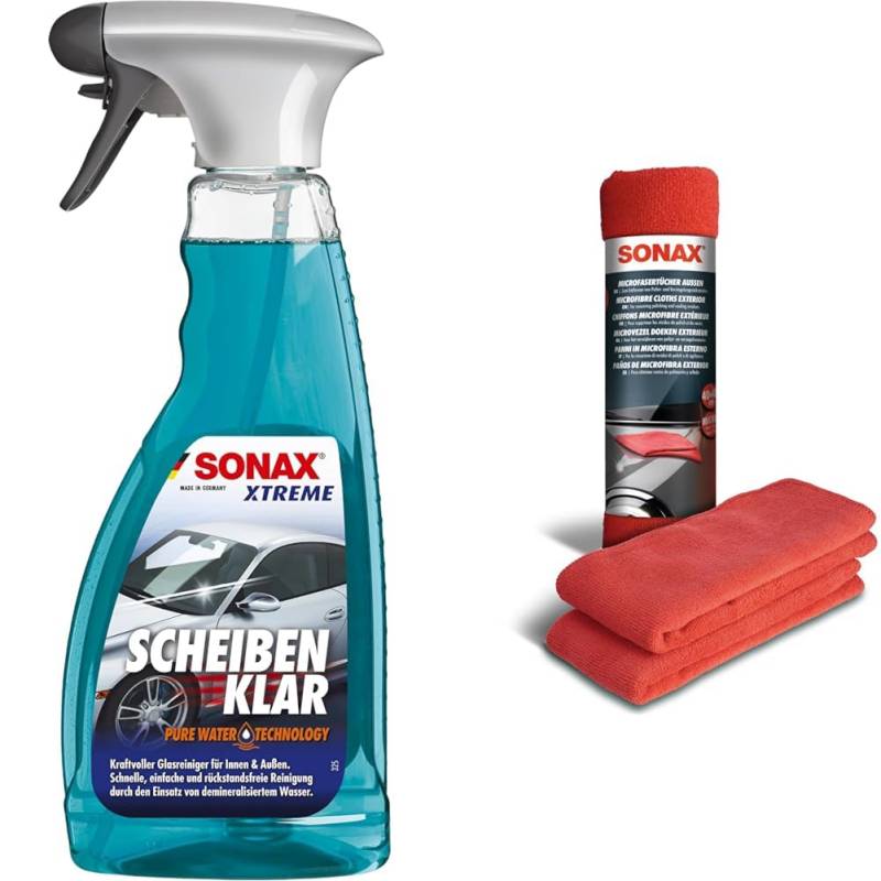 SONAX XTREME ScheibenKlar - Pure Water Technology (500 ml) Glasreiniger & MicrofaserTücher Außen (2 Stück) der Lackpflegeprofi von SONAX