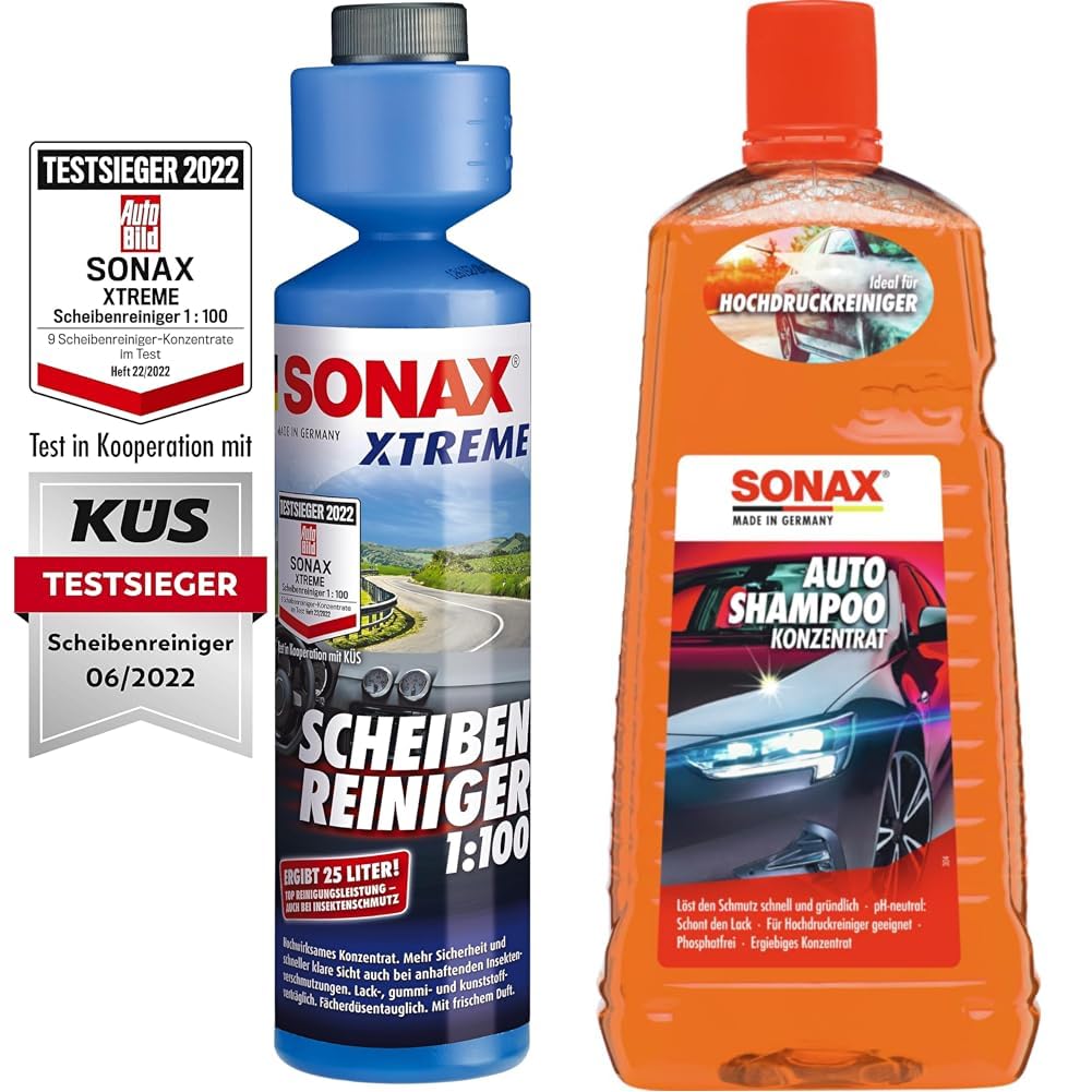 SONAX XTREME ScheibenReiniger 1:100 (250 ml) & AutoShampoo Konzentrat (2 Liter) durchdringt und löst Schmutz gründlich, ohne Angreifen der Wachs-Schutzschicht | Art-Nr. 03145410 von SONAX