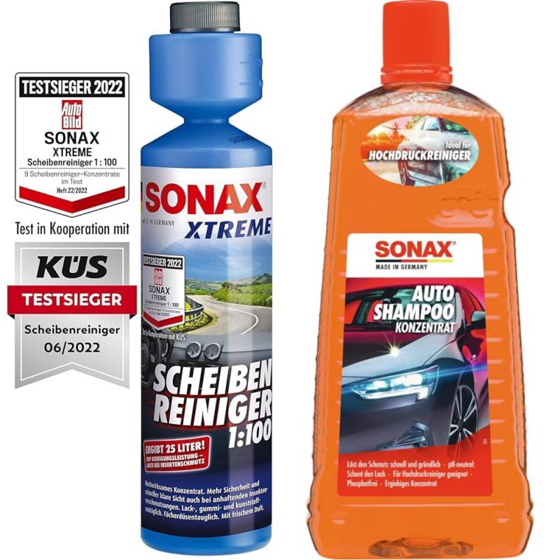 SONAX XTREME ScheibenReiniger 1:100 (250 ml) & AutoShampoo Konzentrat (2 Liter) durchdringt und löst Schmutz gründlich, ohne Angreifen der Wachs-Schutzschicht | Art-Nr. 03145410 von SONAX