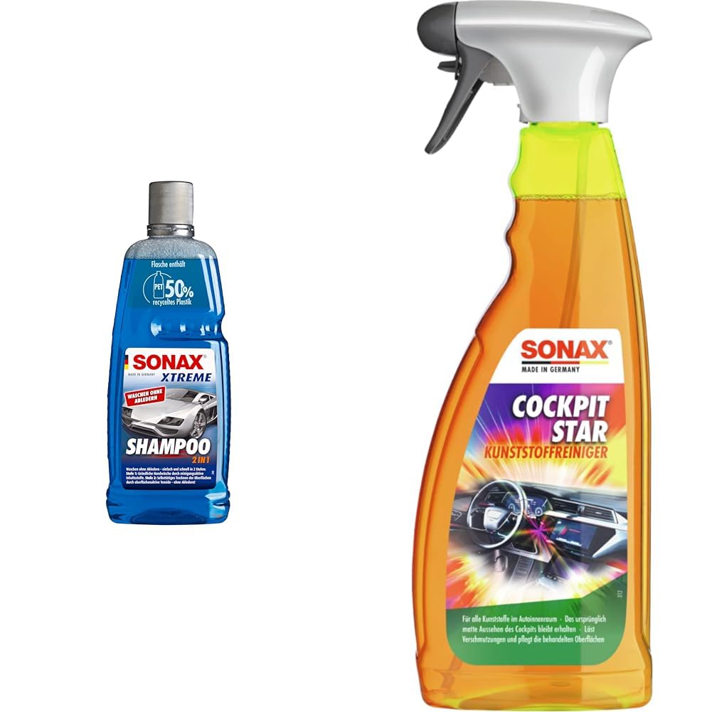 SONAX XTREME Shampoo 2 in 1 (1 Liter) Autoshampoo Konzentrat & CockpitStar (750 ml) Cockpitreiniger reinigt und pflegt alle Kunststoffteile im Auto, antistatisch und staubabweisend/Art-Nr. 02494000 von SONAX