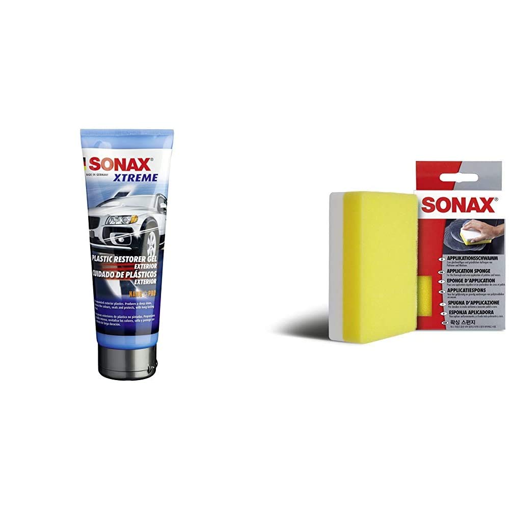 SONAX Xtreme KunststoffGel Außen NanoPro (250 ml) pflegt unlackierte Kunststoffteile im Außenbereich von Fahrzeugen & ApplikationsSchwamm (1 Stück) zum Auftragen und Verarbeiten von Polituren etc. von SONAX