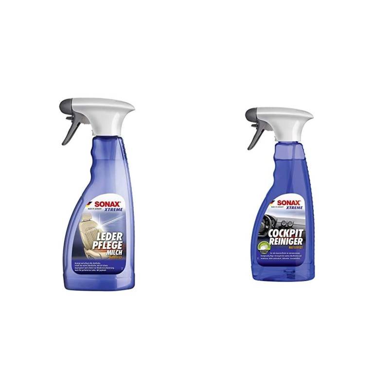 SONAX XTREME LederPflegeMilch (500 ml) Zur schonenden Reinigung und intensiven Pflege & XTREME CockpitReiniger Matteffect (500 ml) Reinigung und Pflege für alle Kunststoffoberflächen im Autoinnenraum von SONAX