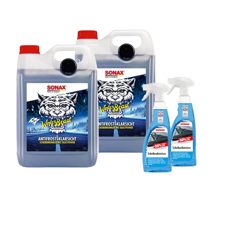 WinterBeast AntiFrost+KlarSicht bis -20 °C (2x5 Liter Kanister) inkl. 2X 750 ml ScheibenEnteiser schneller, schlierenfreier und effektiver Scheibenreiniger für den Winter,4-teiliges Set von SONAX