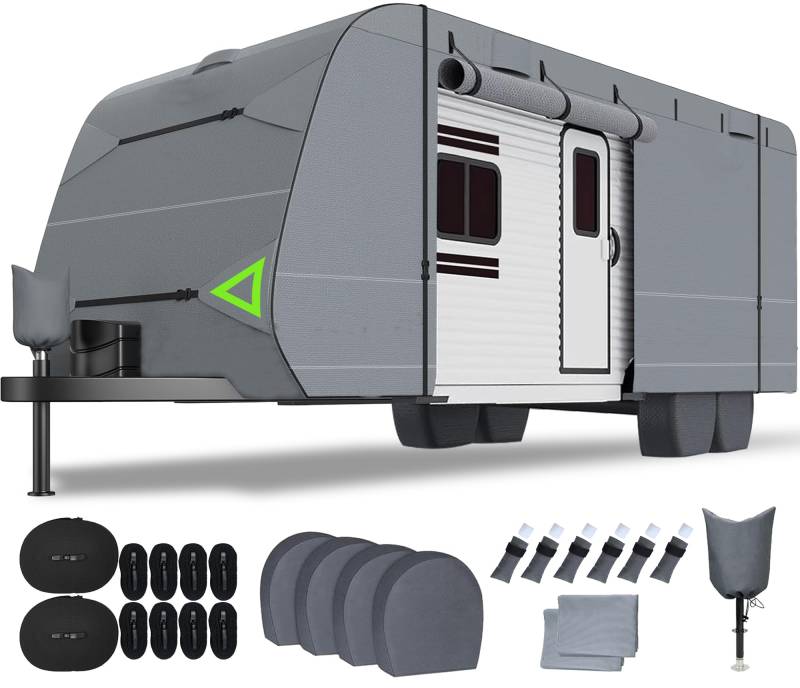 SOTISI Wohnmobil-Abdeckung, 6,9 - 7,6 m, robuste Abdeckung für Reiseanhänger mit 8 Ecken, wasserdichte Wohnmobilabdeckung mit 4 Reifenabdeckungen und Zungenheberabdeckung von SOTISI