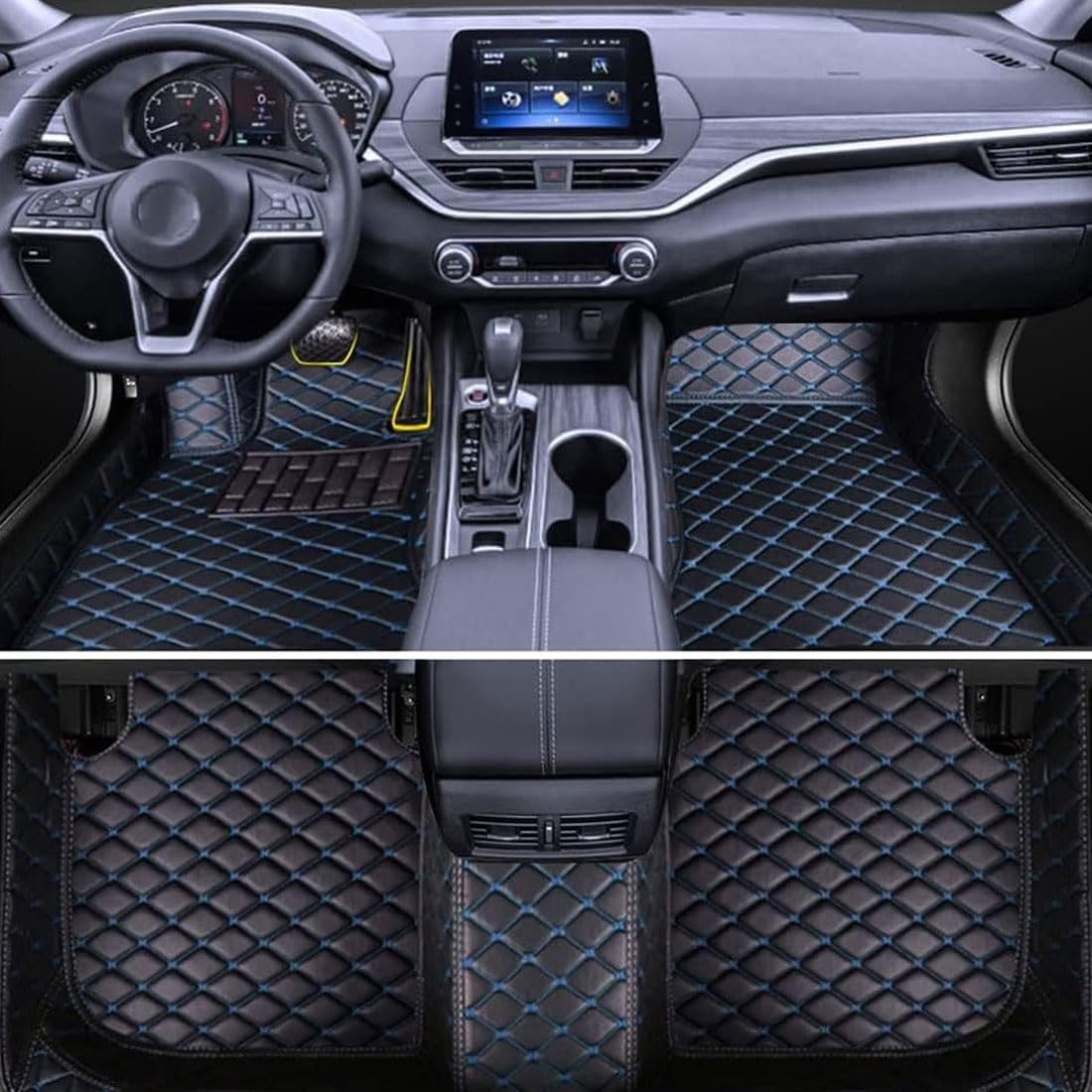 Auto FußMatten Leder Fussmatten für Audi Q7(7seats) 2015-2023(LHD), Custom Bodenmatte Set Abdeckung Vorne Hinten Teppiche Allwetter Automatten ZubehöR,F/Black-Blue von SOUTES