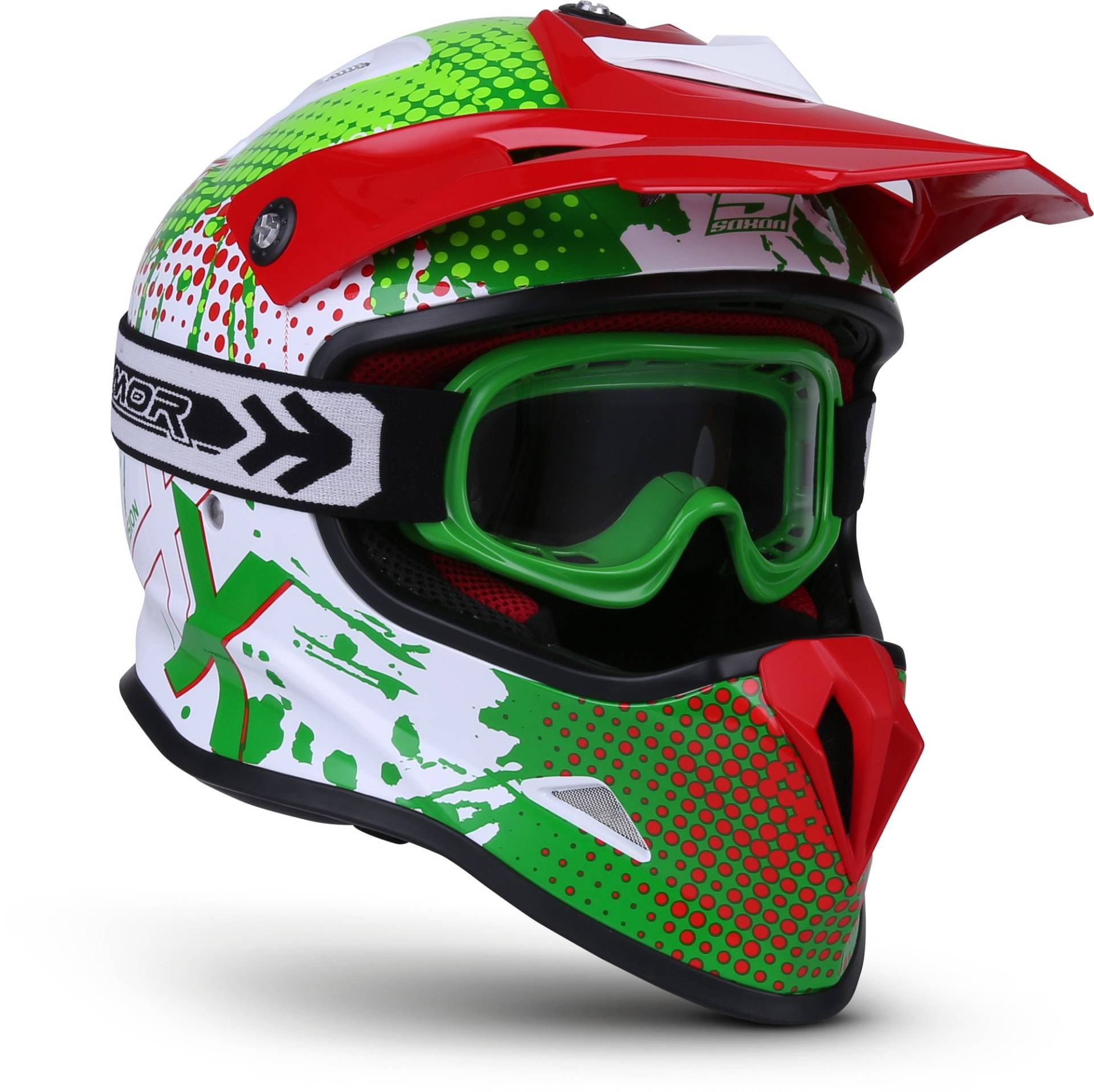 Soxon® SKC-33 Set „Fusion Green“ · Kinder Cross-Helm · Motorrad-Helm MX Cross-Helm MTB BMX Cross-Bike Downhill Off-Road Moto-Cross · ECE 22.05 Schnellverschluss SlimShell Tasche XS (51-52cm) von Soxon