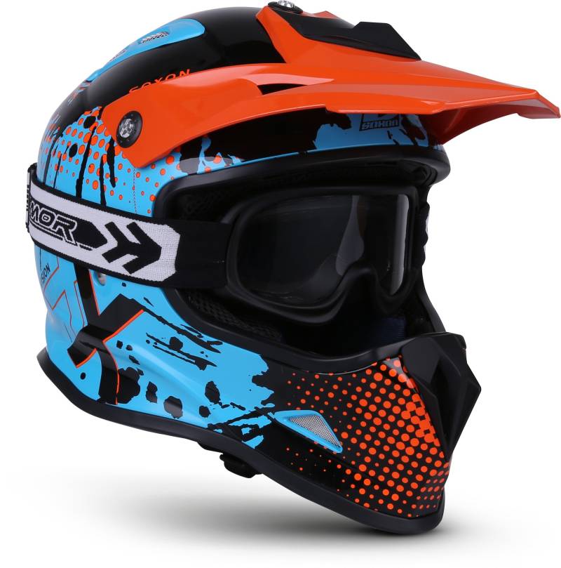 Soxon® SKC-33 Set „Fusion Orange“ · Kinder Cross-Helm · Motorrad-Helm MX Cross-Helm MTB BMX Cross-Bike Downhill Off-Road Sport · ECE 22.05 Schnellverschluss SlimShell Tasche XXS (49-50cm) von Soxon