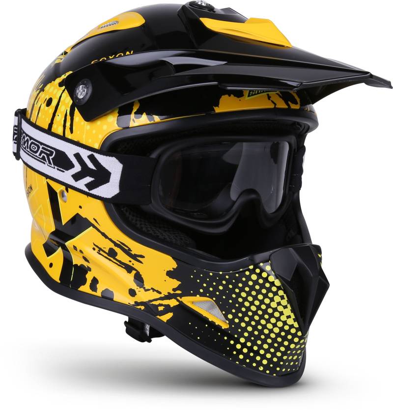 Soxon® SKC-33 Set „Fusion Yellow“ · Kinder Cross-Helm · Motorrad-Helm MX Cross-Helm MTB BMX Cross-Bike Downhill Off-Road Moto-Cross · ECE 22.05 Schnellverschluss SlimShell Tasche S (53-54cm) von Soxon