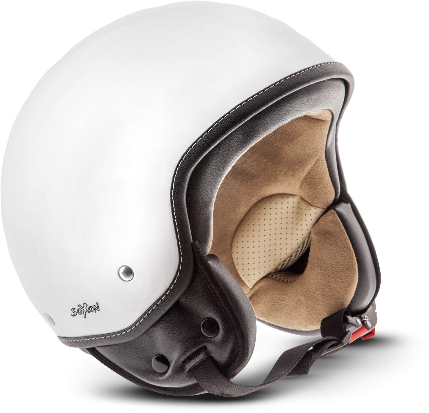 Soxon® SP-301 „Snow“ · Jet-Helm · Motorrad-Helm Roller-Helm Scooter-Helm Moped Mofa-Helm Chopper Retro Vespa Vintage Pilot Biker Helmet Brille Visier · ECE 22.05 Schnellverschluss Tasche L (59-60cm) von Soxon