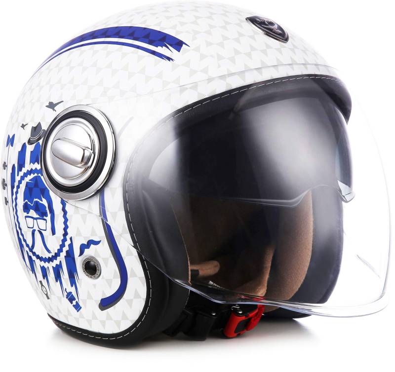 Soxon® SP-888 „Sir Blue“ · Jet-Helm · Motorrad-Helm Roller-Helm Scooter-Helm Moped Mofa-Helm Chopper Retro Vespa Vintage Pilot · ECE 22.05 Sonnenvisier Schnellverschluss SlimShell Tasche XL (61-62cm) von Soxon