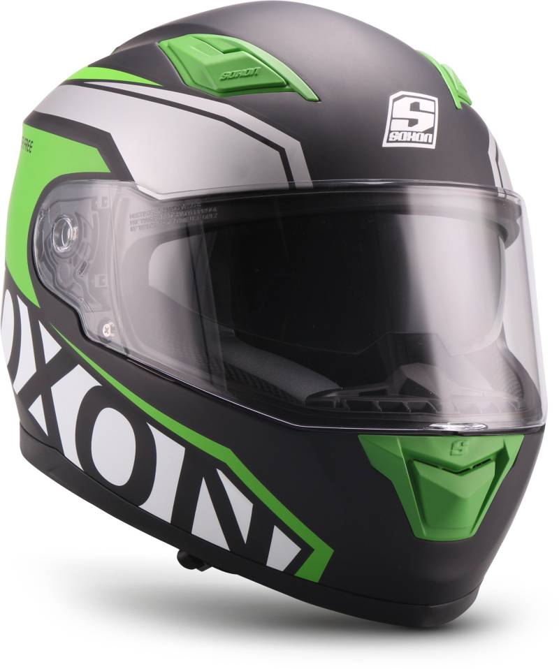 Soxon® ST-1000 Race „Green“ · Integral-Helm · Full-Face Motorrad-Helm Roller-Helm Scooter-Helm Cruiser Sturz-Helm Sport Urban · ECE 22.05 Sonnenvisier Schnellverschluss Tasche S (55-56cm) von Soxon