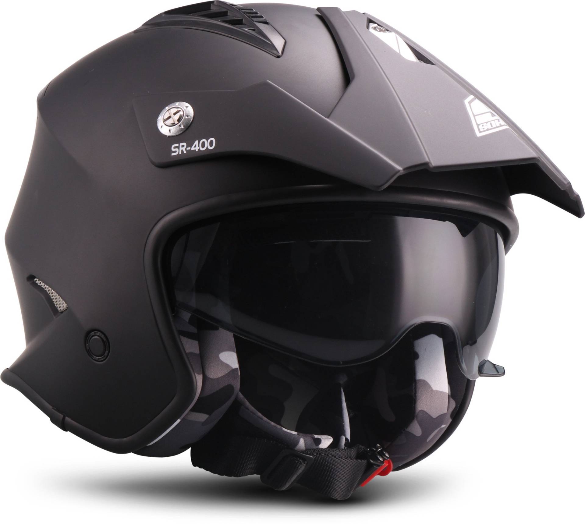 Soxon® SR-400 Mono „Black“ · Jet-Helm · Motorrad-Helm Roller-Helm Scooter-Helm Moped Mofa-Helm Chopper Retro Vespa Vintage Pilot · ECE 22.05 Sonnenvisier Schnellverschluss Tasche L (59-60cm) von Soxon