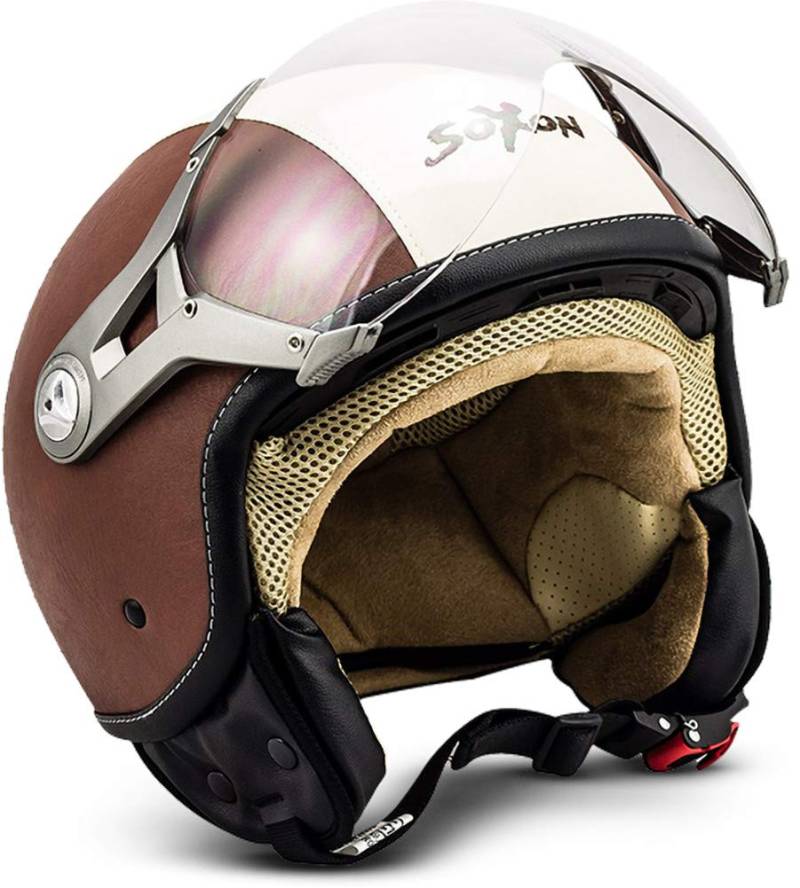 Soxon® SP-325 „Vintage“ · Jet-Helm · Motorrad-Helm Roller-Helm Scooter-Helm Moped Mofa-Helm Chopper Retro Vespa Vintage Pilot Biker Helmet Damen · ECE 22.05 Visier Schnellverschluss Tasche M (57-58cm) von Soxon