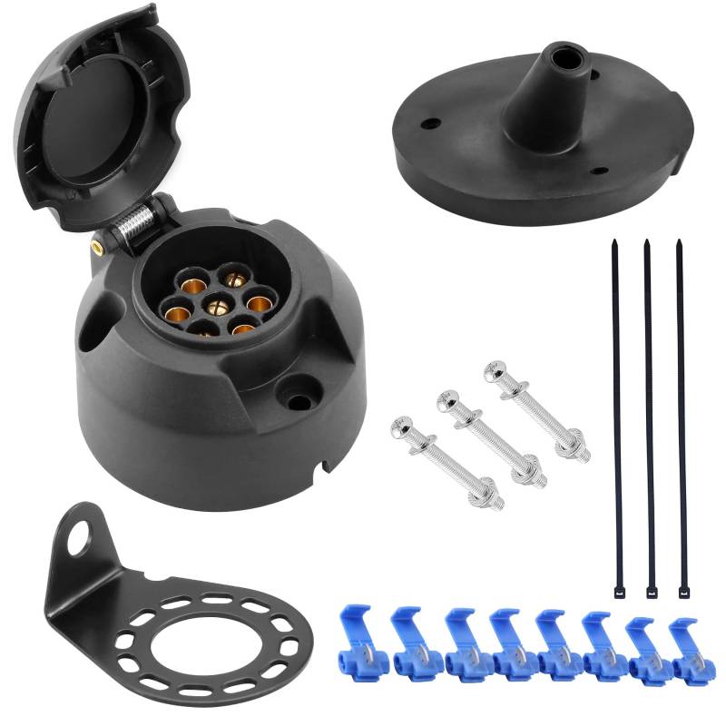 SPARKMOTO 12V Wasserdicht 7 Polig Anhänger Steckdose Set mit Kompletten Montagezubehör,inkl.Metall Steckdose Montageplatte und Wasserdichtes Gummipad,Wohnwagen PKW Auto 7polige Steckdose,AHK Steckdose von SPARKMOTO