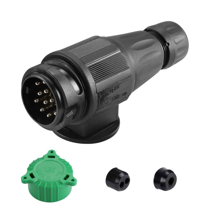 SPARKMOTO 13 Poliger Anhänger Stecker, mit Wasserfester Dichtung,12V Wasserdicht Anhängerstecker 13 polige mit Grün Parking Cover,13 polige Anhänger Stecker Für WohnwagenPKW AHK Adapter Stecker(lang) von SPARKMOTO