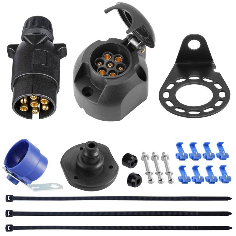 SPARKMOTO 7 Polig Anhänger Stecker Anhänger Steckdose Set,mit Kompletten Montagezubehör,12V Wasserdicht 7-pol Anhänger Stecker Steckdose für Anhänger Wohnwagen KFZ AHK Stecker Steckdose(Schraubenende) von SPARKMOTO