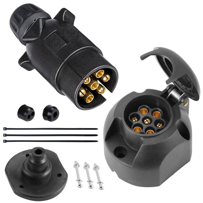 SPARKMOTO 7 Polig Anhänger Stecker Anhänger Steckdose Set,mit Montagezubehör,12V Wasserdicht 7-pol Anhänger Stecker Steckdose für Anhänger Wohnwagen KRZ RV,AHK Adapter Stecker Steckdose(Schraubenende) von SPARKMOTO