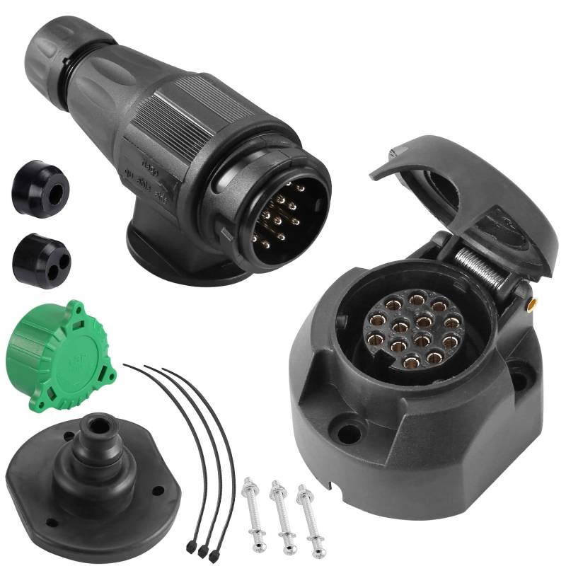 SPARKMOTO Anhänger Stecker 13 Polig und Anhänger Steckdose 13 Polig,mit Montagezubehör,inkl. Grün Parking Cover,12V Wasserdicht 13 Polige Anhänger Stecker Steckdose AHK Adapter Steckdose Stecker(lang) von SPARKMOTO