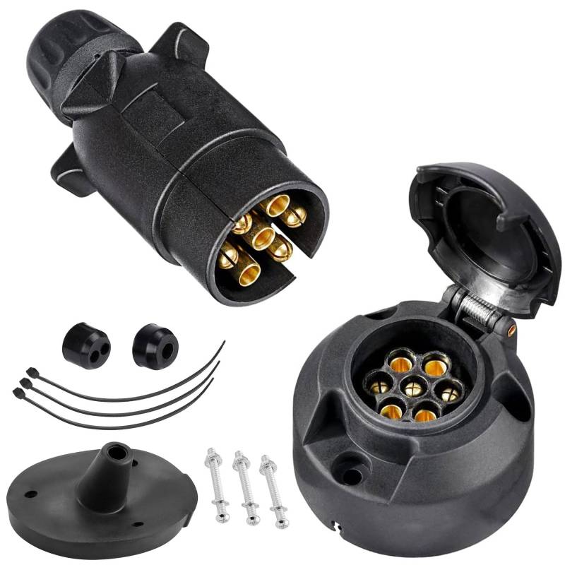 SPARKMOTO Anhänger Stecker 7 Polig und Anhänger Steckdose 7 Polig Set, nach ISO1724,12V Wasserdicht 7-pol Anhänger Stecker Steckdose mit Montagezubehör für Anhänger Wohnwagen LKW KFZ PKW(Nuss Kappe) von SPARKMOTO