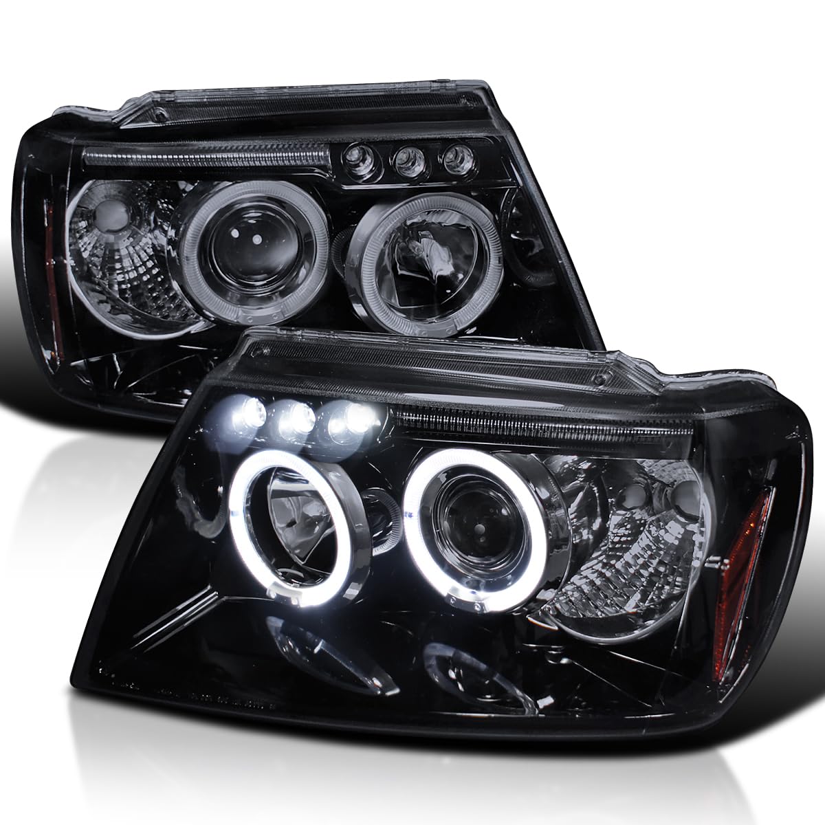 SPEC-D TUNING Halo Projektor LED Glänzend Schwarz Gehäuse Smoke Lens Scheinwerfer Kompatibel mit Jeep Grand Cherokee 1999–2004 Links + Rechts Paar Scheinwerfer Montage von SPEC-D TUNING