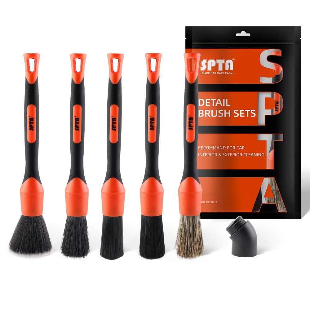 Detaillierungsbürsten Set, Auto Detail Brush 5 Verschiedene Größen Premium-Naturhaar-Mischfaser-Kunststoffgriff Auto-Detailbürsten zum Reinigen von Rädern, Motor, Innenraum, Lüftungsschlitzen -BRFCD16 von SPTA