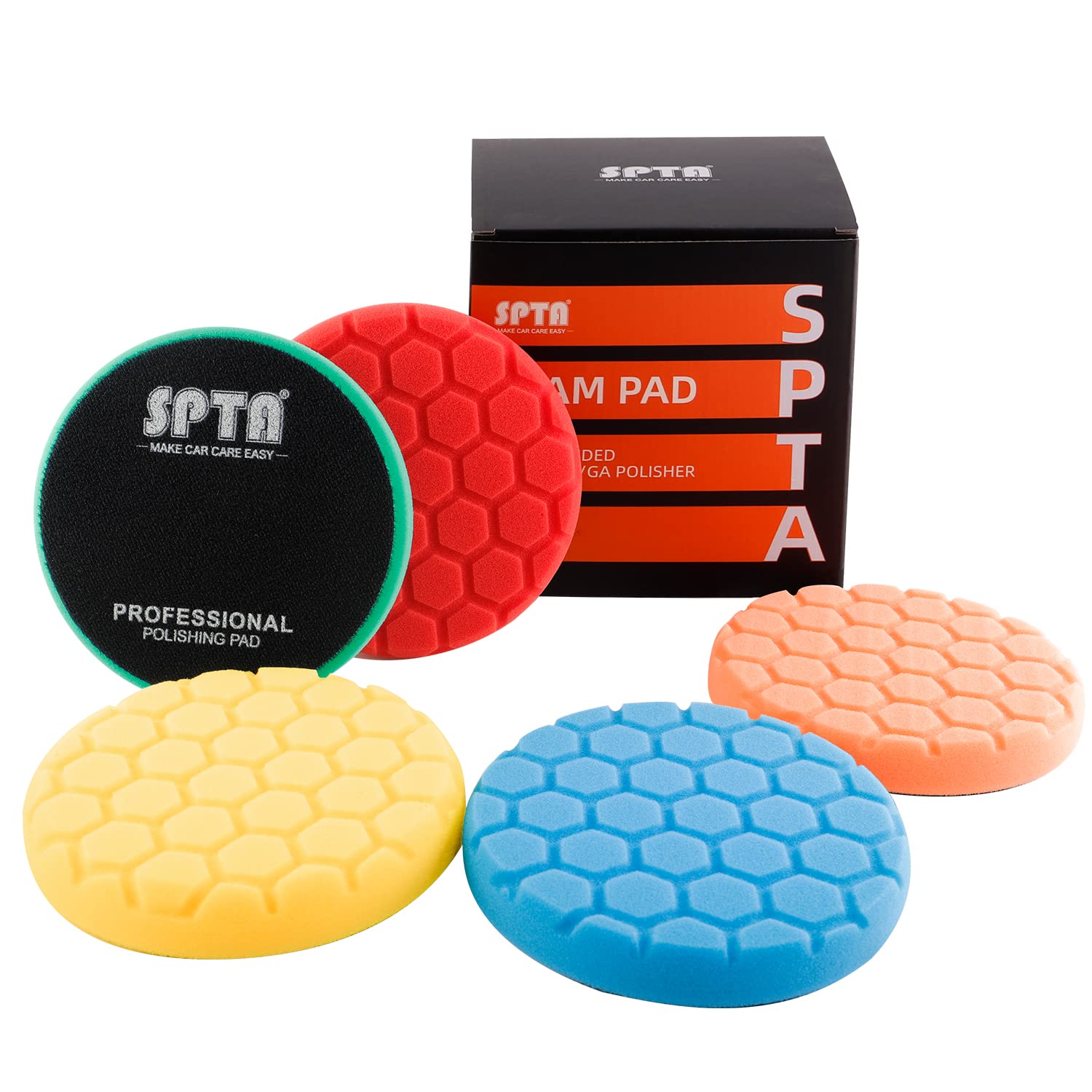 SPTA 150mm Polierpad Hex-Logic Wachs Schwämme Auto Polierschwamm Polieren Pad Polierschaum Set für Exzenter Poliermaschine Schleifmaschine, Schwarz, Gelb, Orange, Gelb von SPTA