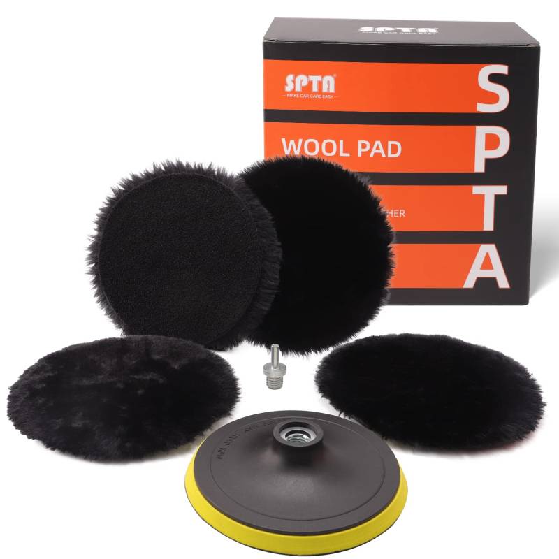 SPTA Lammfell pad, Lammwollhaube, Lammfell, 5tlg 150mm Polieren polierscheibe Polierset Set Wolle Pad Lammwolle 150mm Klett pad polierscheibe + M14 Bohrer Adapter für Auto poliermaschine -HWPPS6M14M5 von SPTA