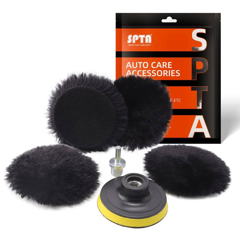 SPTA Lammfell pad, Lammwollhaube, Lammfell, 5tlg 80mm Polieren polierscheibe Polierset Set Wolle Pad Lammwolle 80mm Klett pad polierscheibe + M14 Bohrer Adapter für Auto poliermaschine -HWPPS3M14M6 von SPTA