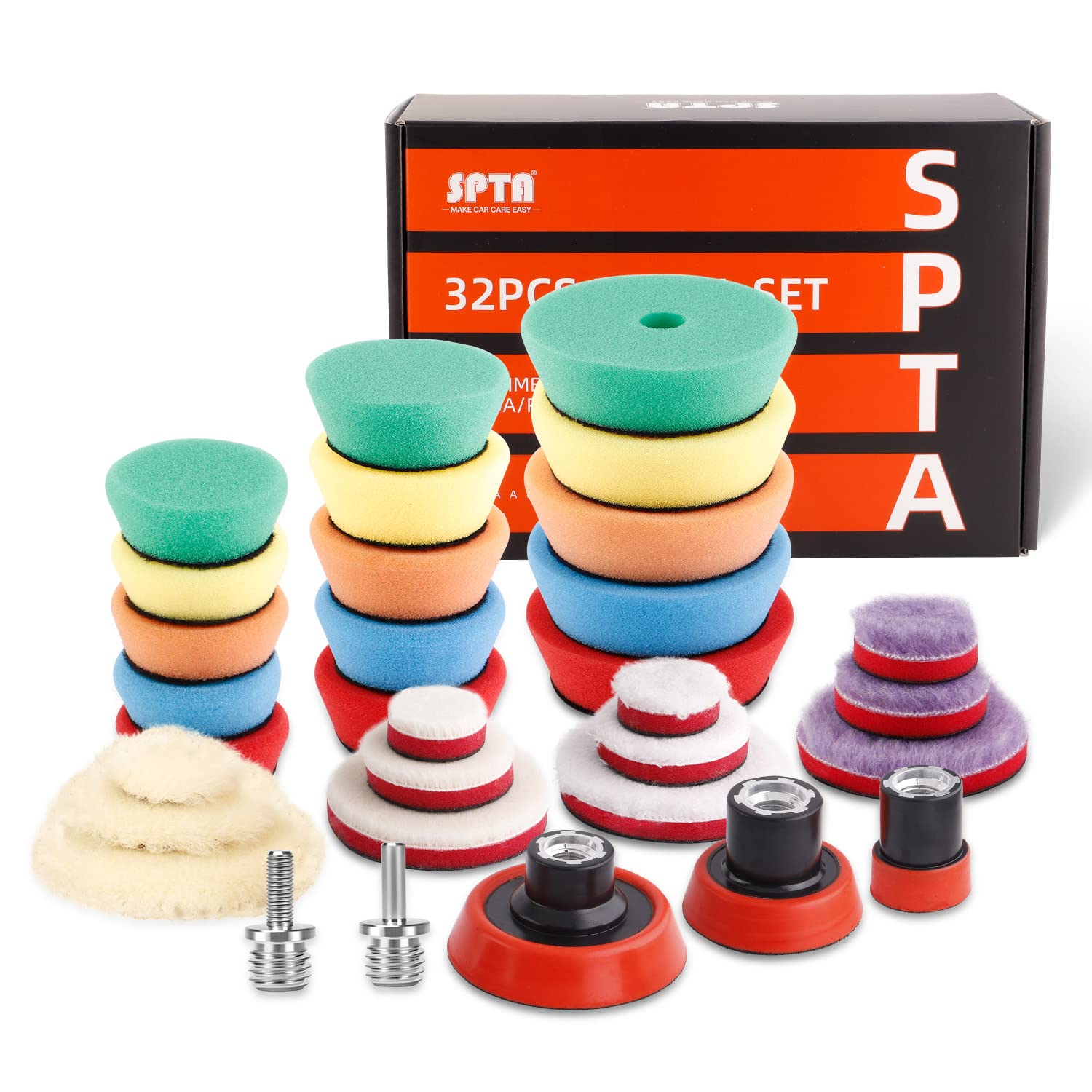 SPTA Mini Polierschwamm, 32tlg 25mm 50mm und 80mm Polierschwämme Auto Polierscheibe M14 Adapter Bohren für exzentrische Poliermaschine schleifmaschine von SPTA