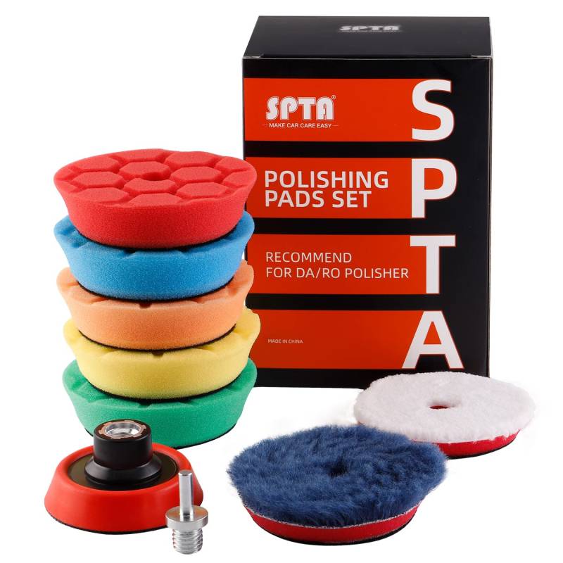 SPTA Mini Polierschwamm, 9tlg 80mm Hex-Logic Polierschwämme mit Polierfell und Polierteller Polierpad M14 Adapter Bohren für exzentrische Poliermaschine schleifmaschine -FLPS3MIX von SPTA