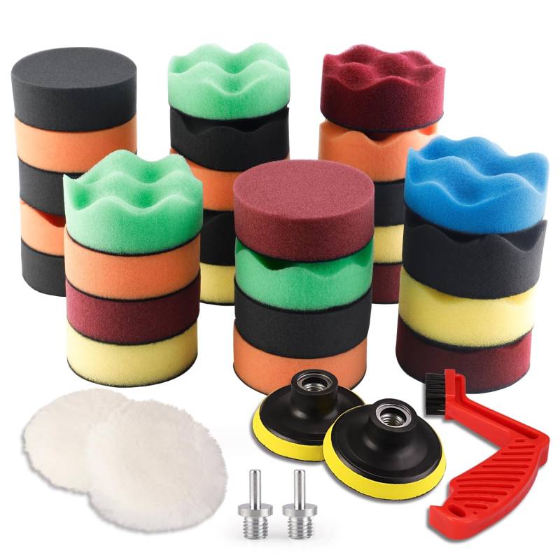 SPTA Polierschwamm, 34tlg 80mm Polierschwämme Polieren Pad Schwamm Set mit Polierpad Polierscheibe Set und Polierfell Polierset Polierteller Kit für Bohrmaschine, Für Poliermaschine -POSWMIX31 von SPTA