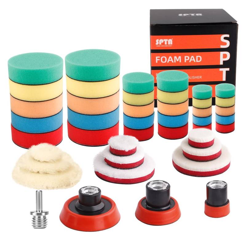 SPTA Polierschwamm, 43tlg 30mm, 50mm, 80mm Polierschwämme Polierpad Polieren Pad Schwamm Set mit Polierpad Polierpad Set und Polierfell Polierset Polierteller Kit für Bohrmaschine, Für Poliermaschine von SPTA