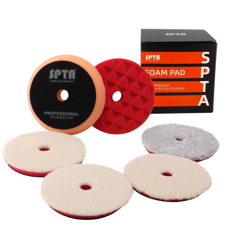 SPTA Polierschwamm, 6tlg 150mm Polierschwämme Polierpad Polieren Pad Schwamm Set Polierscheibe mit Polierfell Polierset Polierteller Kit für Bohrmaschine, Für Poliermaschine schleifmaschine -HTPPS6DE von SPTA