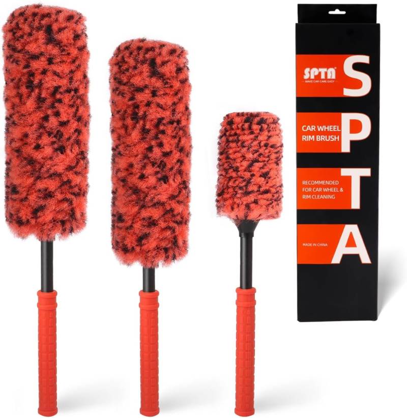 SPTA Premium Felgenbürste, 3 Stück Synthetische Wolle Autofelgenbürste für eine besonders schonende Reinigung bis ins Felgentiefbett, Profi Auto Felgenreinigungsbürste von SPTA