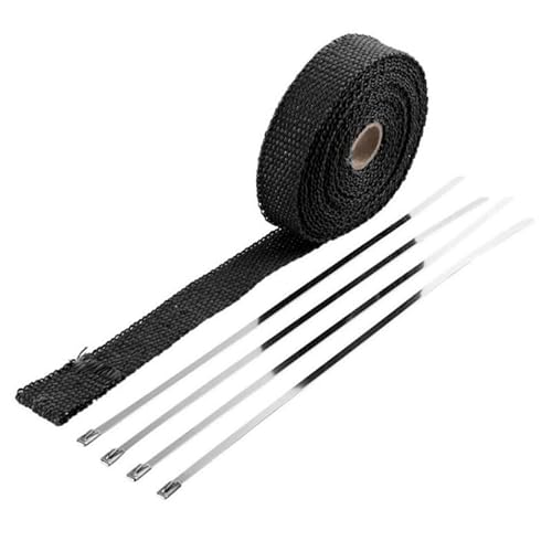 Hitzeschutzband 5M Rolle Fiberglas Hitzeschild Motorrad Auspuff Thermoband Header Heat Wrap Tape Wärmeschutz mit Edelstahlbändern Auspuff Hitzeschutzband(Noir) von SQIANKUN