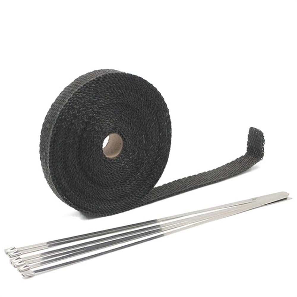 Hitzeschutzband Thermoband for Auspuffhüllenisolator, Glaswolle-Isolierung, 5 cm x 5 m, 10 m, 15 m, 20 m, widerstandsfähige Edelstahlbänder aus Glasfaser Auspuff Hitzeschutzband(5x15 Black) von SQIANKUN