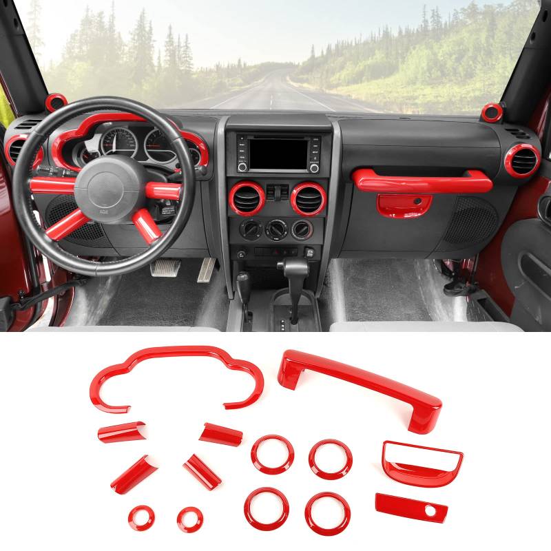 SQQP 14-teiliges komplettes Set Innenverkleidungs-Set für Jeep Wrangler JK JKU 2007–2010, Luftauslässe, A-Säulen-Lautsprecher, Handschuhfachgriff, Armaturenbrett-Abdeckung, Verkleidung (rot) von SQQP