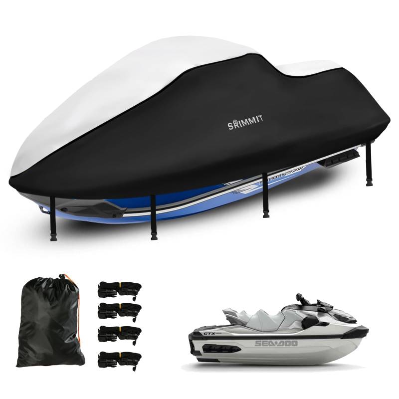 Jet Ski Abdeckung 3 Sitzer,420D Jet Ski Motorbootabdeckung UV-GeschüTzt, Wasserdicht,2 BelüFtungsöFfnungen,Wind- Und Staubdicht (Geeignet FüR MotorbootläNge 345–368CM,Silber Schwarz) von SRIMMIT