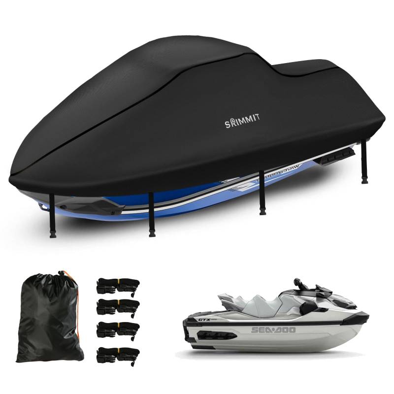 Jet Ski Abdeckung 3 Sitzer,420D Oxford-Stoff Jet Ski Bootsabdeckung,2 BelüFtungsöFfnungen,4 Winddichte Schnallen,Geeignet für Seedoo,Kawasaki (Von MotorbootläNge 345–368CM Schwarz) von SRIMMIT