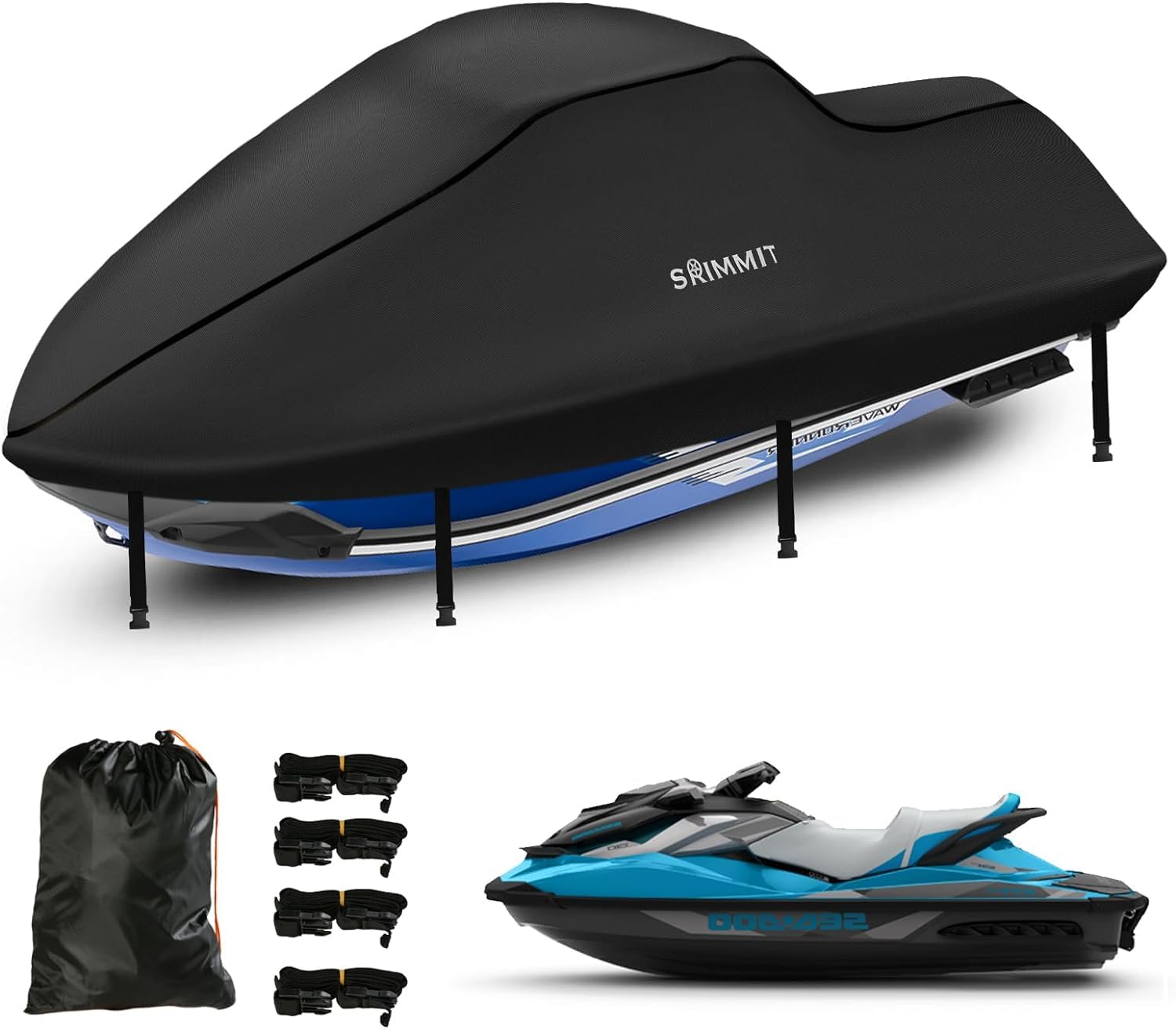 Jet Ski Abdeckung Seadoo,420D Jet Ski Bootspersenning,Nanosilberbeschichtung,2 Belüftungsöffnungen,Wasserdicht, Staubdicht,UV-beständig,für den Außenbereich(von Motorbootlänge 243–259CM, Schwarz) von SRIMMIT