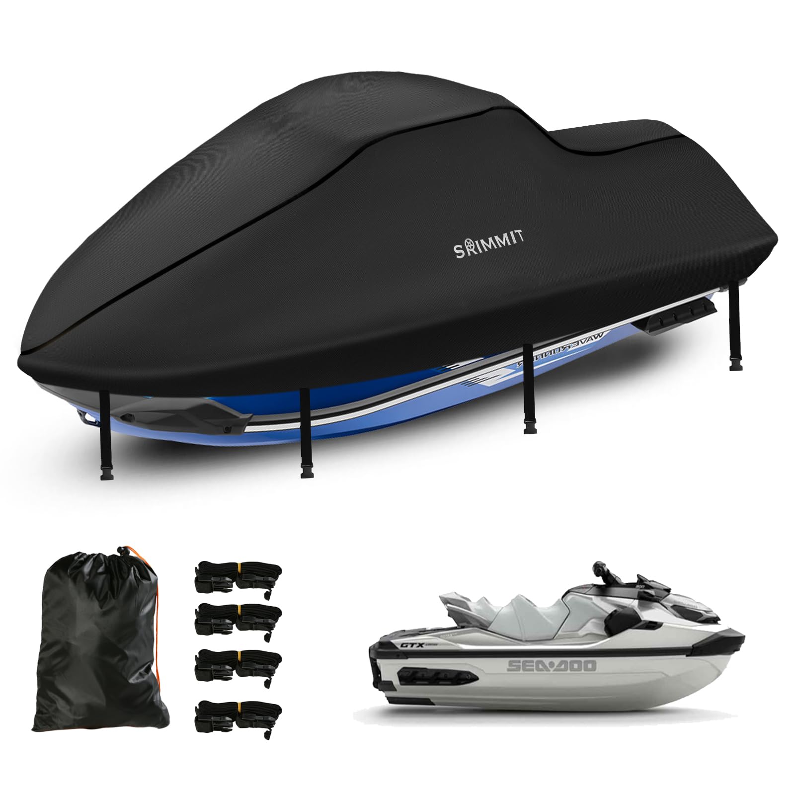 Jetski Abdeckung wasserdichte,420D Oxford-Stoff,Jetski Abdeckplane,Nanosilberbeschichtung,2 Belüftungsöffnungen,4 Winddichte Schnallen (geeignet für Motorbootlänge 307–343CM,Schwarz) von SRIMMIT