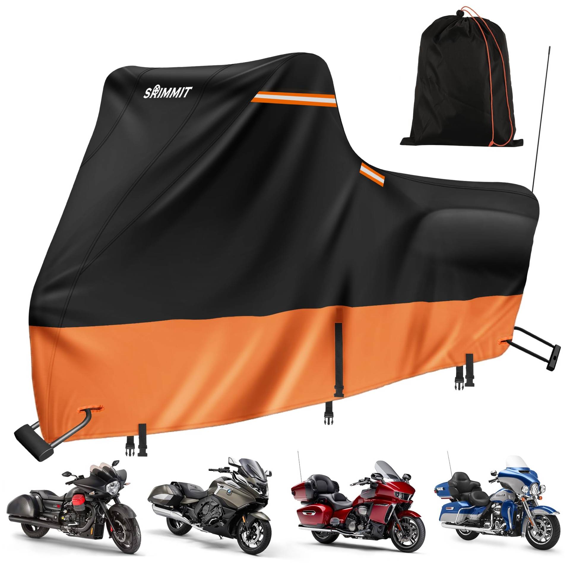 Motorrad Plane Abdeckung Wasserdicht 420D Premium-Qualität für Harley Davidson Touring Modelle, Outdoor UV, Regen und Staub Schutz Deluxe Edition-Side Box(274x111x142CM Schwarz-Orange) von SRIMMIT