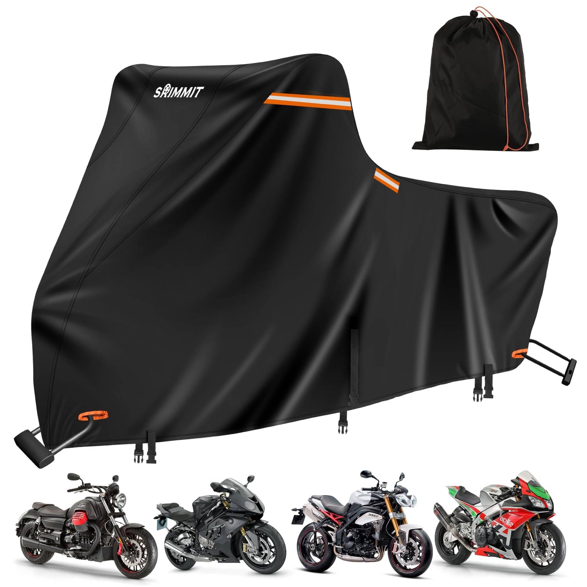 Motorradabdeckung, 420D, strapazierfähig, für Touring-Modelle, Harley Davidson Road King, wasserdicht, Outdoor,Regen,UV-Schutz, staubdicht (2XL 245x110x140CM Schwarz) von SRIMMIT