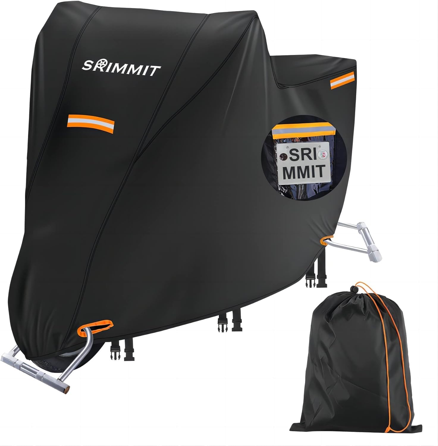 Motorradabdeckung Outdoor Wasserdicht,420D Oxford-Stoff Universeller Schutz,mit Nummernschildfenster,4 reflektierende Streifen (L 205 x 95 x 110 cm) von SRIMMIT