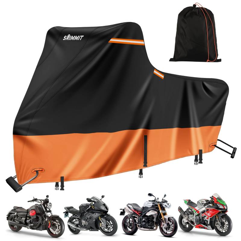 Motorradabdeckung Outdoor 420D Premium-Qualität für Harley Davidson Touring Modelle, Outdoor UV, Regen und Staub Schutz Deluxe Edition 3XL(276x111x142CM Schwarz-Orange) von SRIMMIT