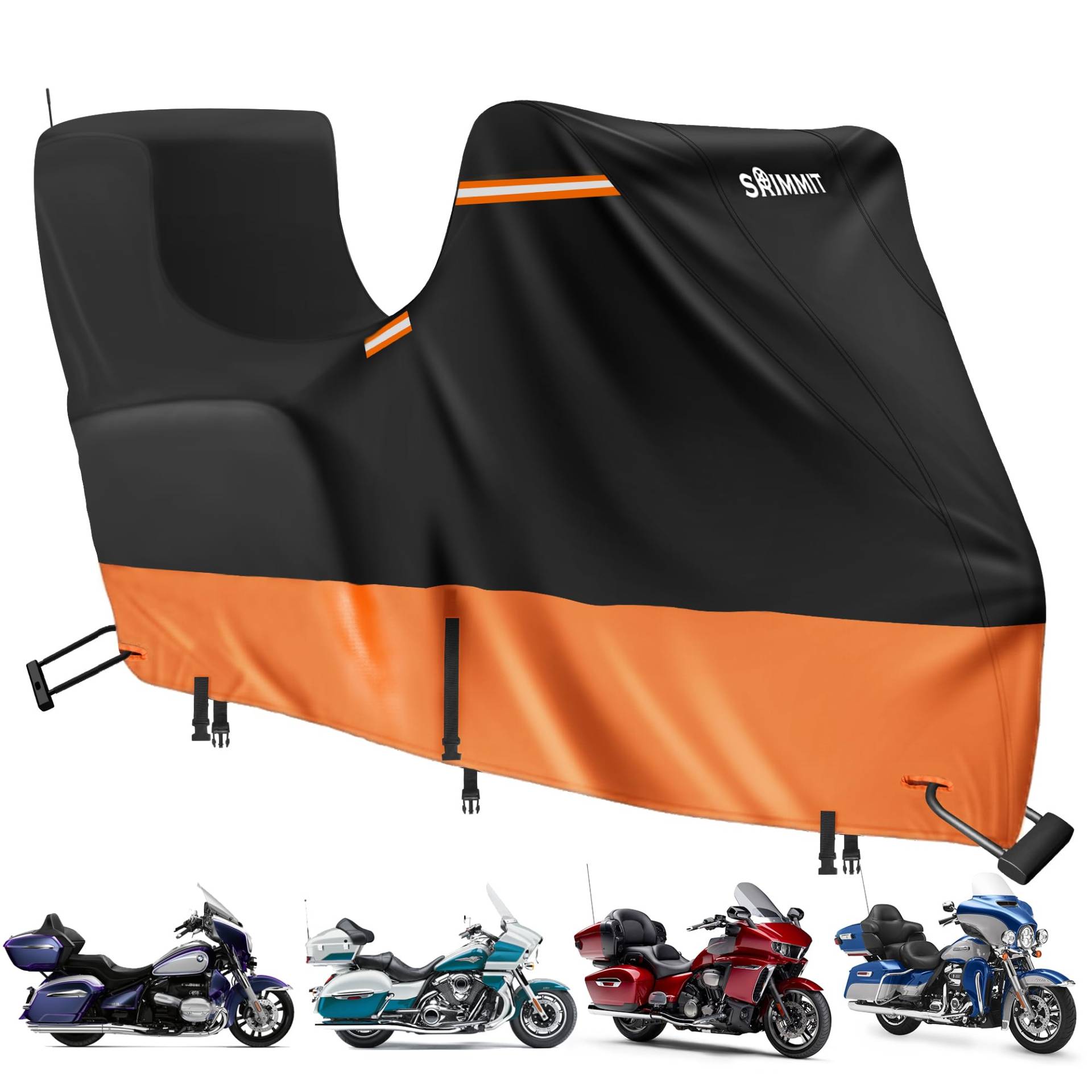 Motorradabdeckung Outdoor Wasserdicht mit Side+Top Box,420D Oxford Motorrad Abdeckplane füR Harley Davidson Touring Modelle, Anti-UV, Regen und Staub Schutz(300x111x142CM Schwarz-Orange) von SRIMMIT