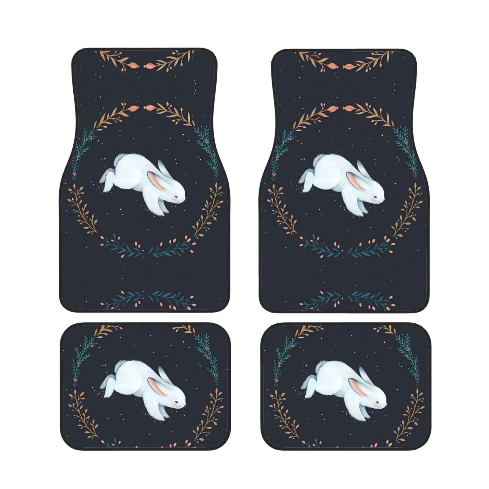 Universal Cute White Rabbit Print Auto Fußmatten - 4-teiliges Set, Gummi-Rückseite, passend für die meisten Autos, LKWs, SUVs, Vans von SSYGHT