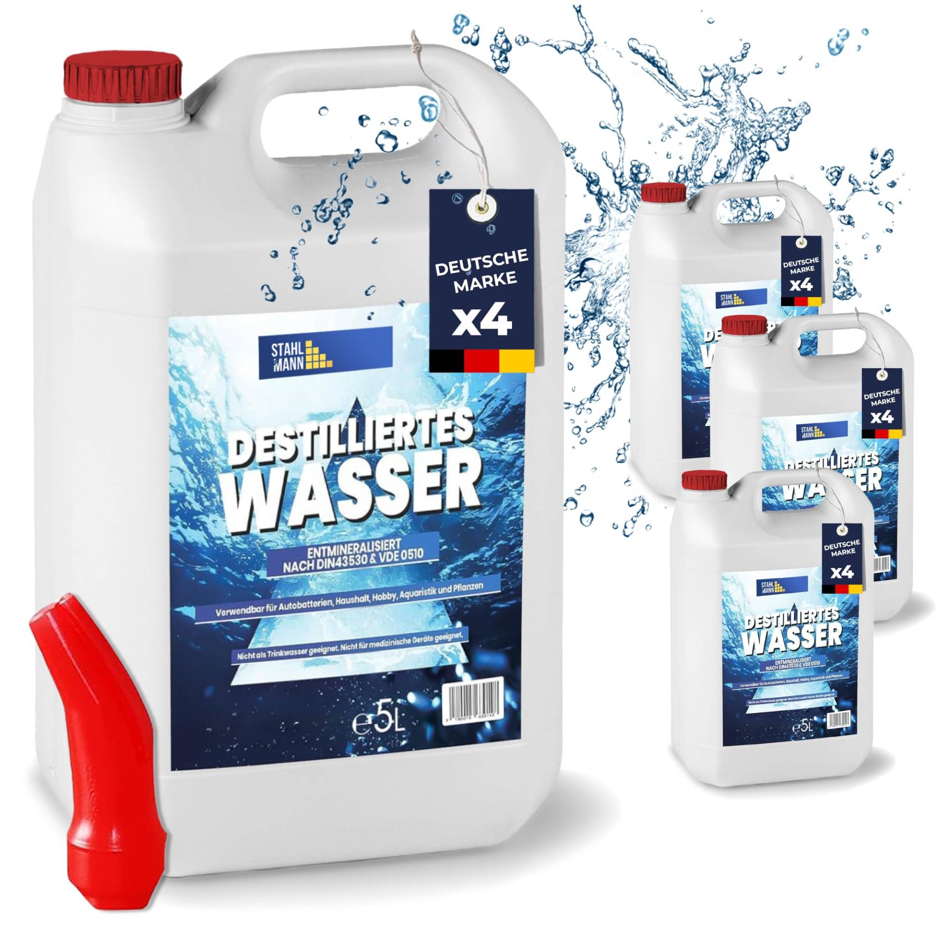 STAHLMANN® Destilliertes Wasser 4x5 L Kanister [Made IN Germany] - Destilliertes Wasser für Dampbügeleisen und vieles mehr – Destilliertes Wasser von STAHLMANN