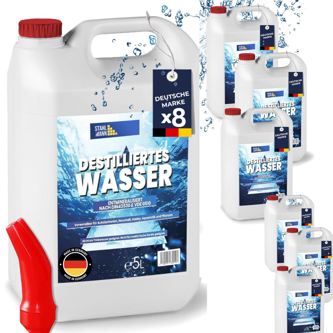 STAHLMANN® Destilliertes Wasser 8x5 L Kanister [Made in Germany] - Destilliertes Wasser für Dampbügeleisen und vieles mehr – Destilliertes Wasser von STAHLMANN