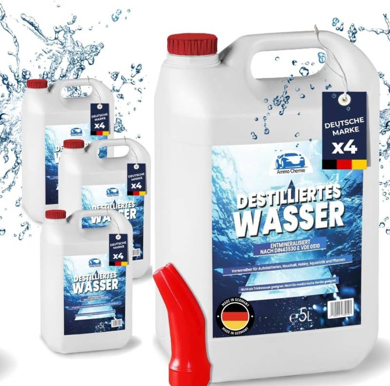 STAHLMANN Ammo Chemie® Destilliertes Wasser 4x5 L Kanister [Made IN Germany] - Destilliertes Wasser für Dampbügeleisen und vieles mehr – Destilliertes Wasser von STAHLMANN